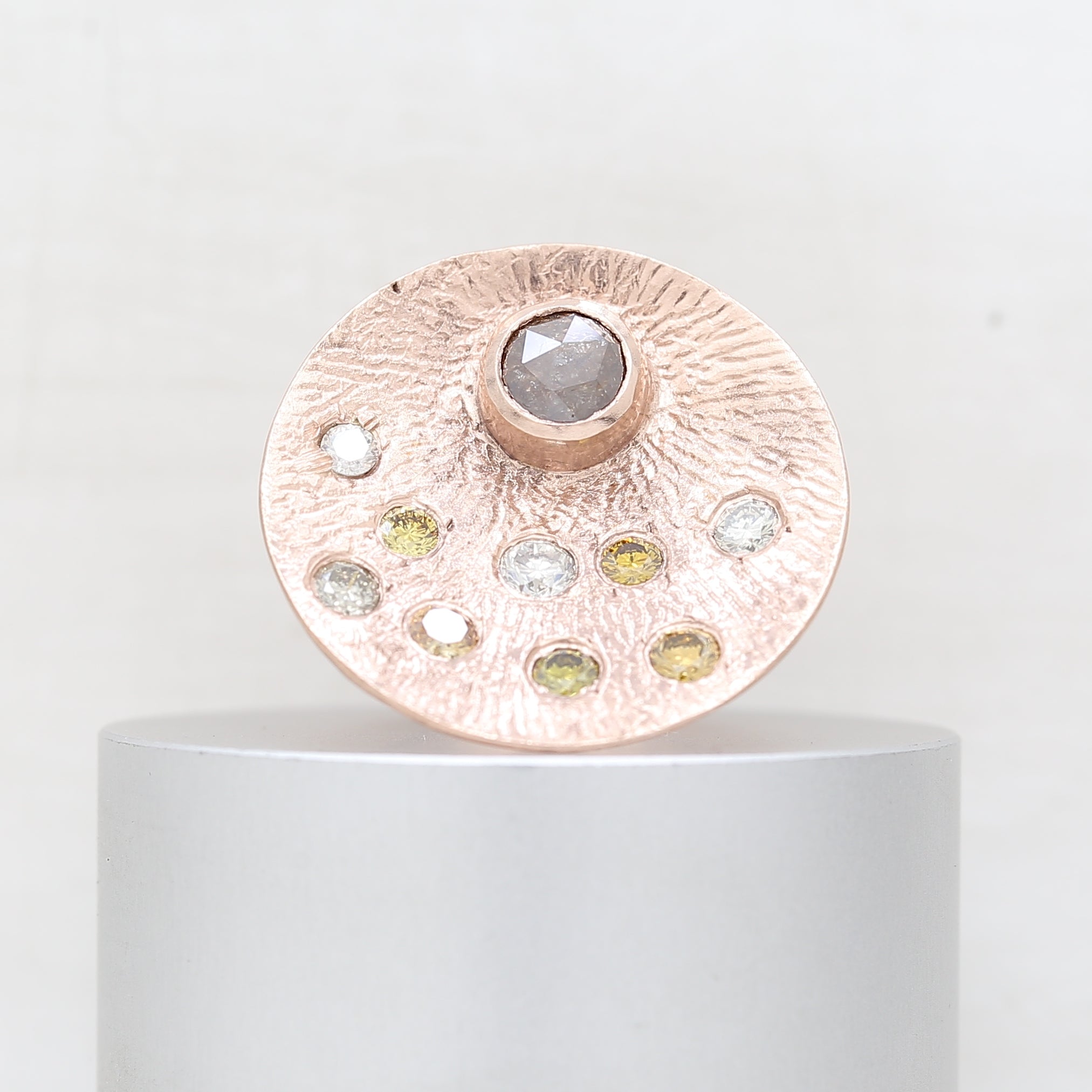 Natural Diamond Round Fancy Diamond Rose Cut Diamond Salt & Pepper Diamond Unique Peacock Design Ring In 10K Rose Gold