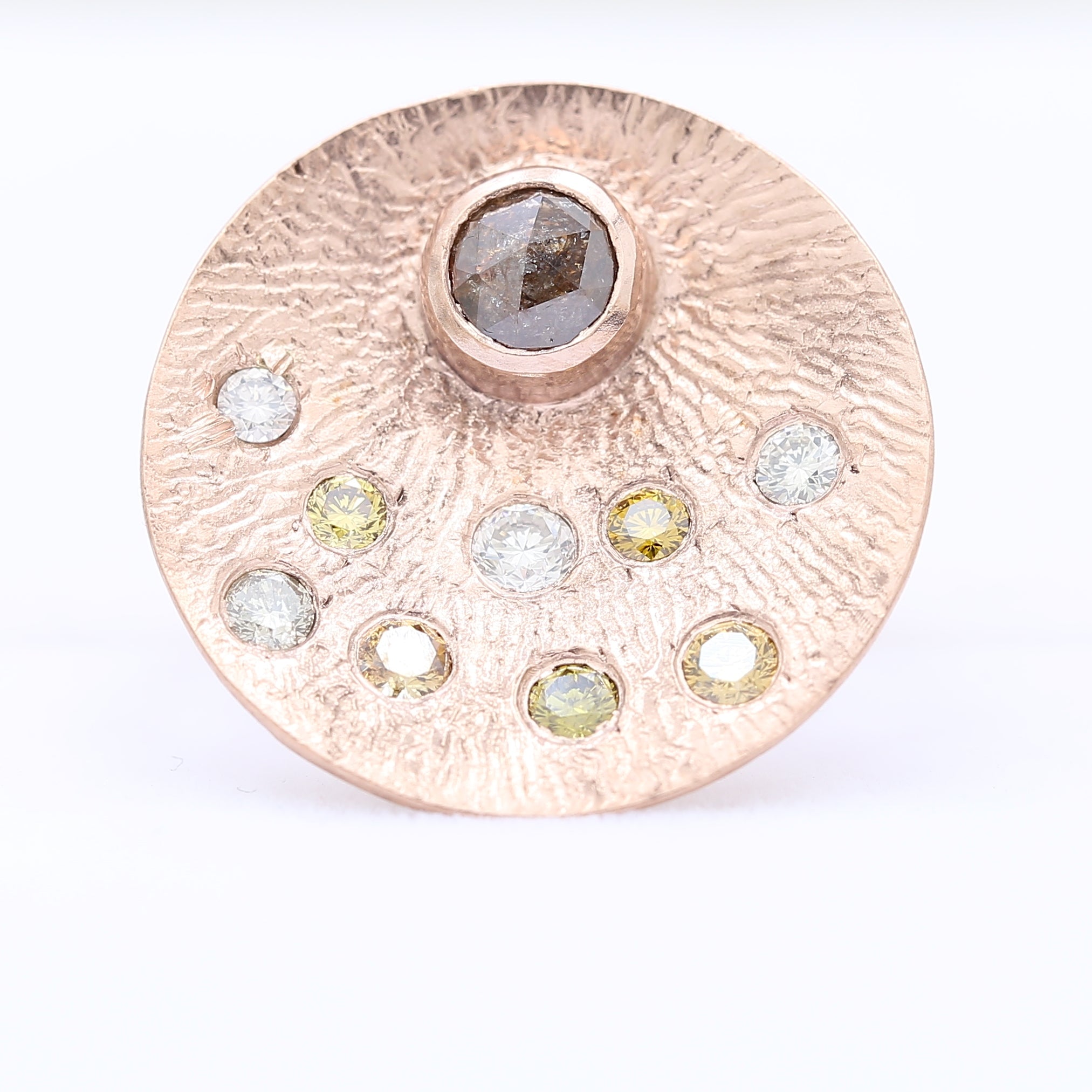 Natural Diamond Round Fancy Diamond Rose Cut Diamond Salt & Pepper Diamond Unique Peacock Design Ring In 10K Rose Gold